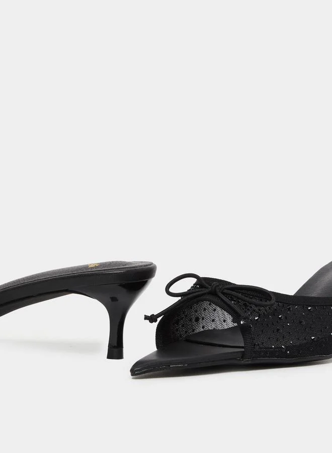 ستايلي حذاء ميولز نسائي أسود بشبكة وفيونكة وكعب قصير